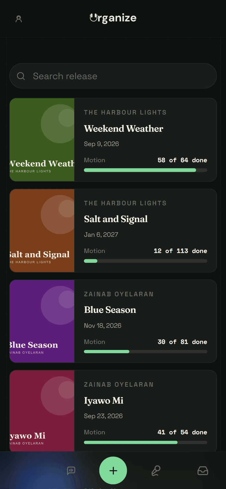 The Urganize catalog for a team running several artists: release cards with cover art, the release date and a progress bar counting finished activities against each plan.