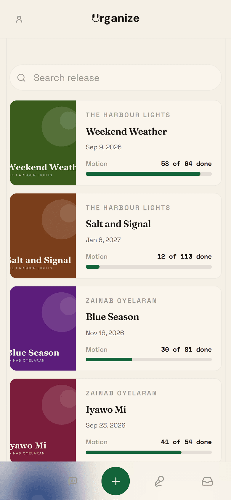 The Urganize catalog for a team running several artists: release cards with cover art, the release date and a progress bar counting finished activities against each plan.
