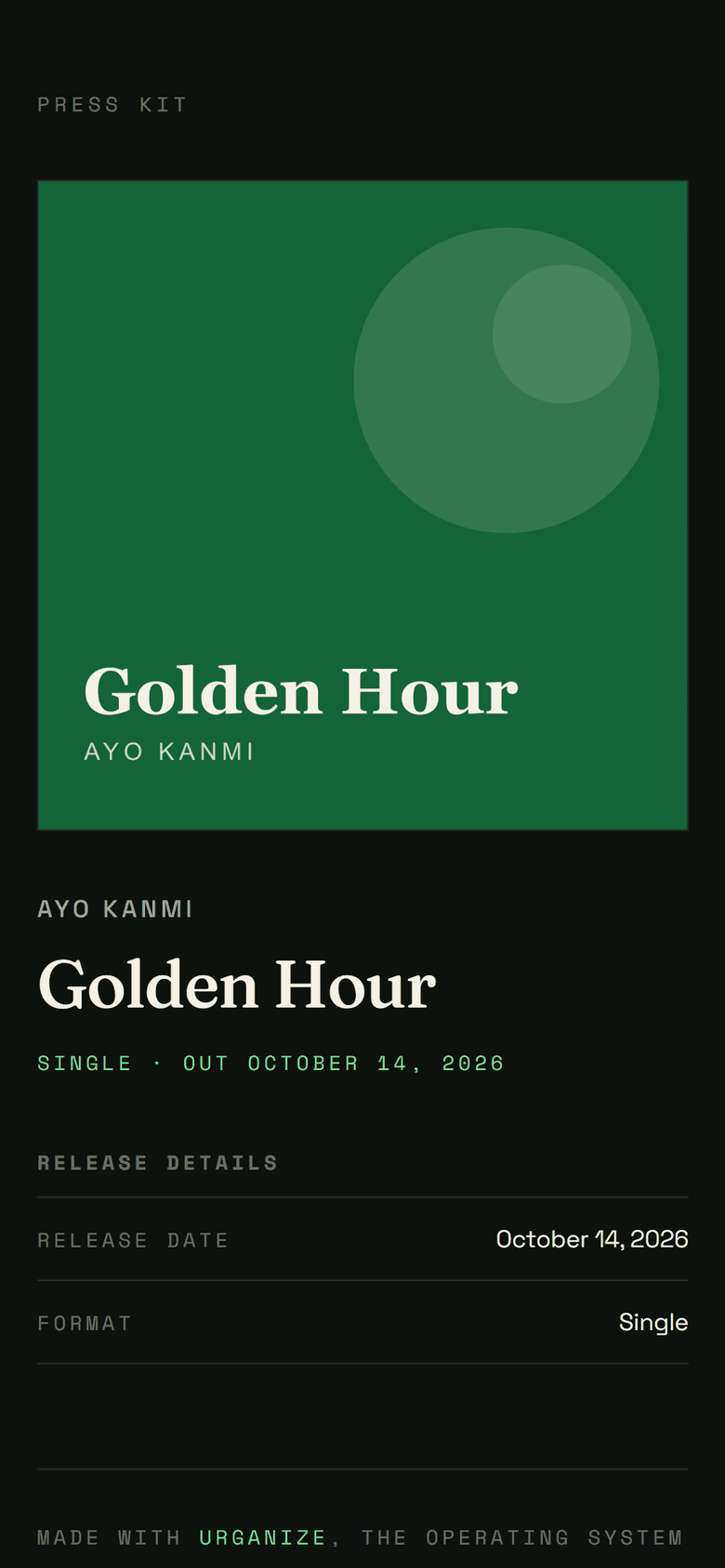 A press kit made in Urganize, open on a phone: cover art, the artist, the release and its date on one public page.