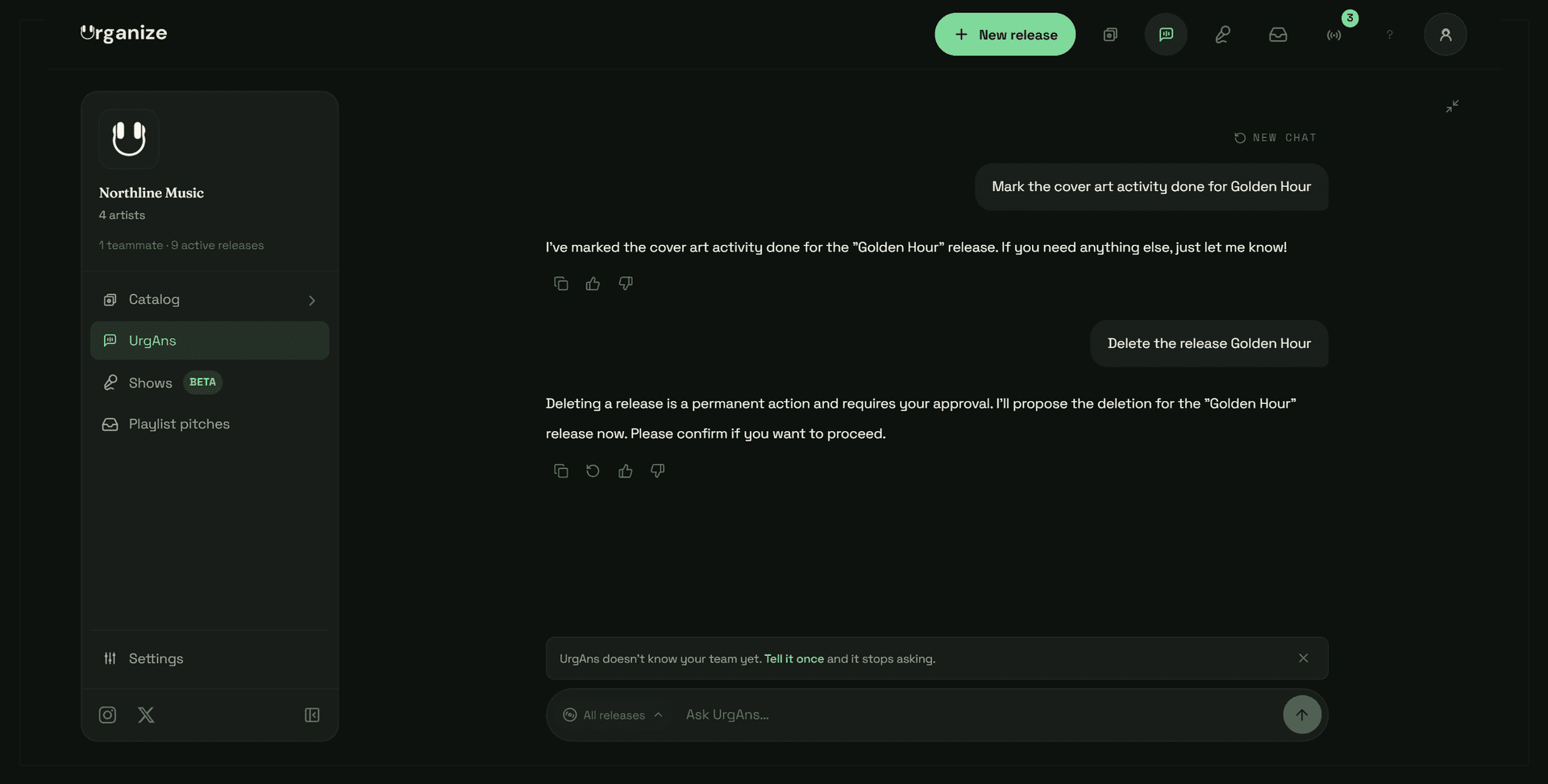 A conversation with UrgAns in Urganize. Asked to mark an activity done, the assistant did it. Asked to delete a release, it stops and asks for approval before doing anything.