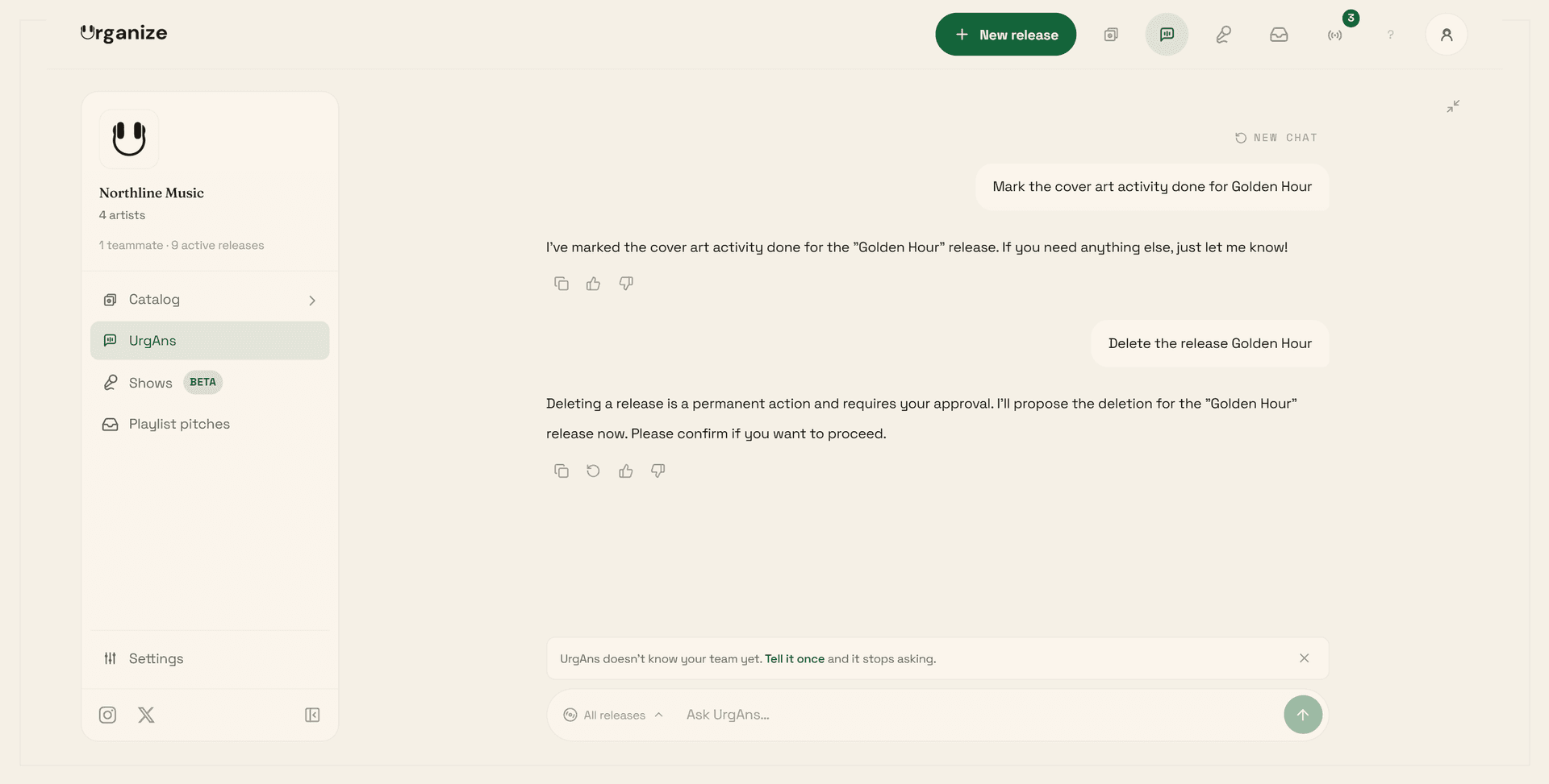 A conversation with UrgAns in Urganize. Asked to mark an activity done, the assistant did it. Asked to delete a release, it stops and asks for approval before doing anything.