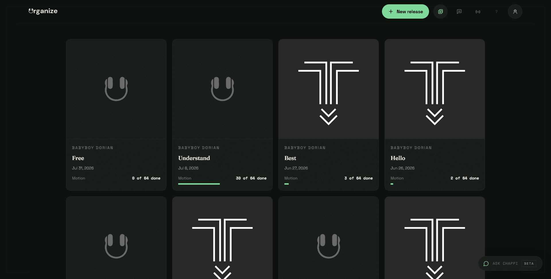The Urganize catalog: a grid of release cards, each with cover art, a release date, and a progress bar counting finished activities against its 64-activity plan. The top row runs from 0 of 64 done to 30 of 64.