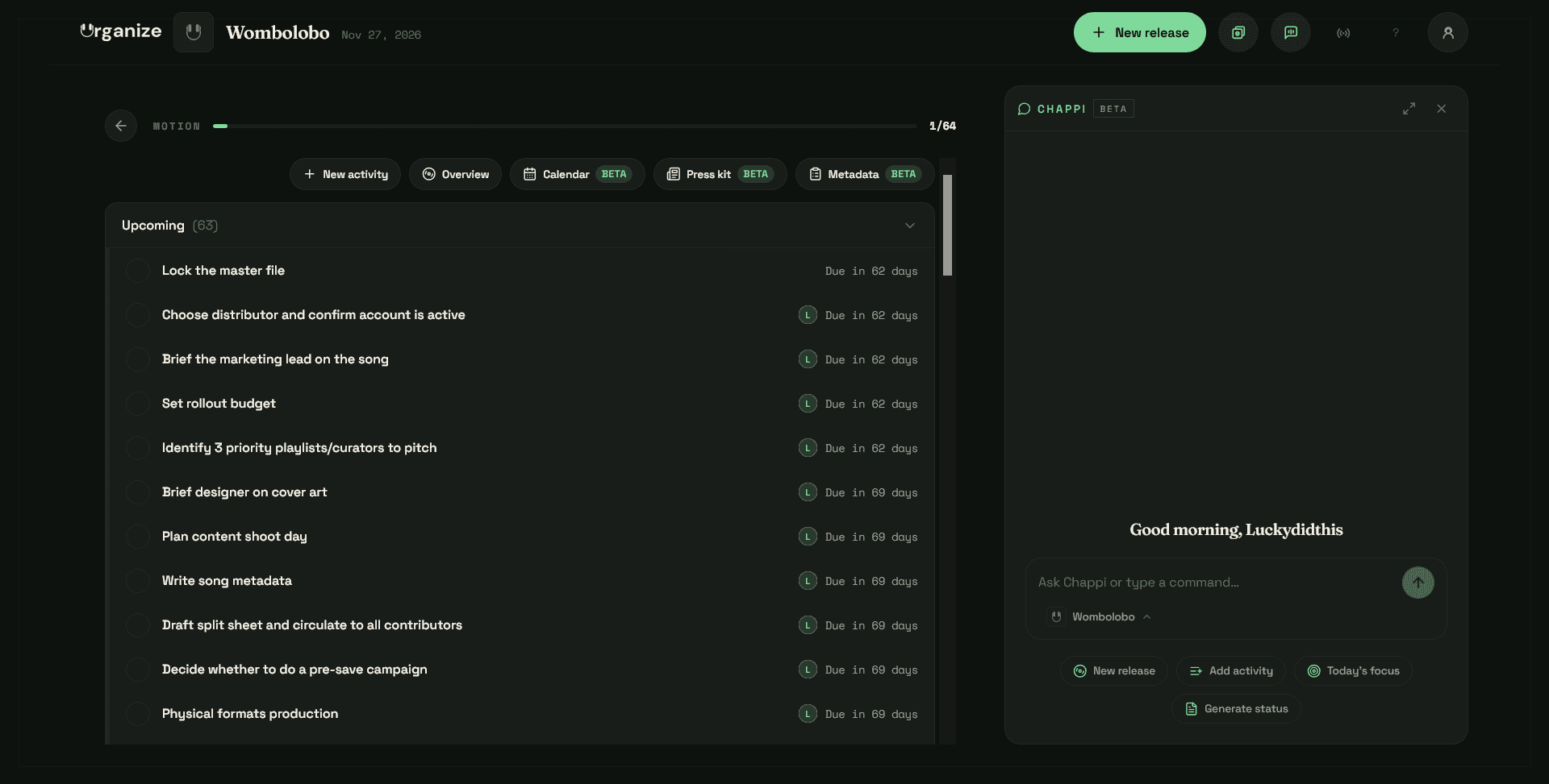 A release open in Urganize: the progress bar at 1 of 64, the upcoming activities listed with a due date on every row, and the Chappi assistant docked alongside them.
