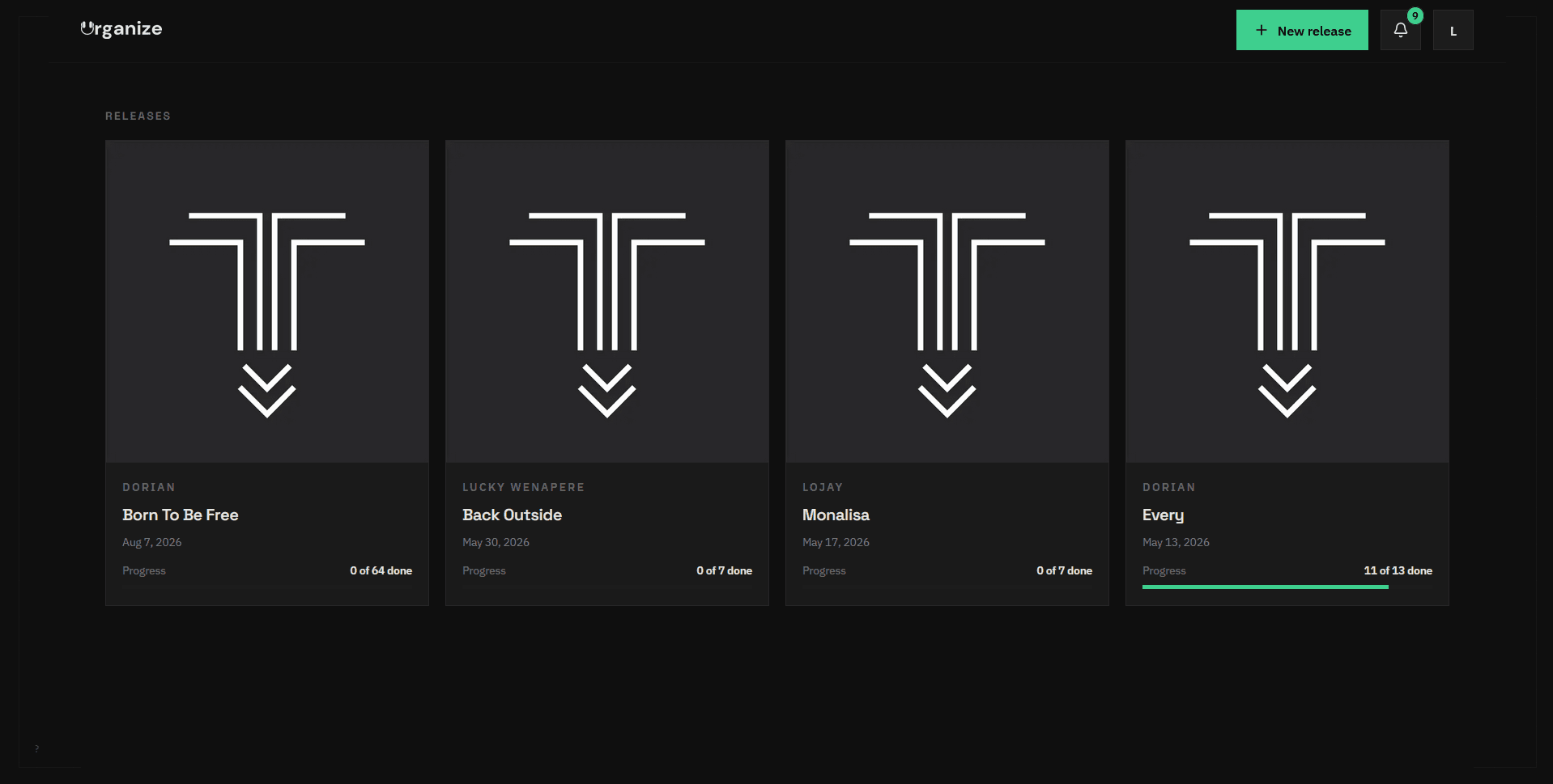 The Urganize workspace: four releases in flight, each with artist, release date, and task progress toward its 64-task plan.