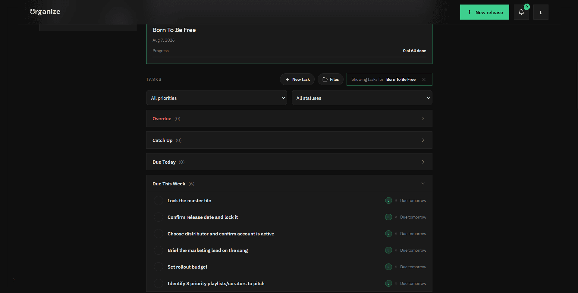 Tasks scoped to the release 'Born To Be Free', fresh from its 64-task plan, with owners and due dates on every row.